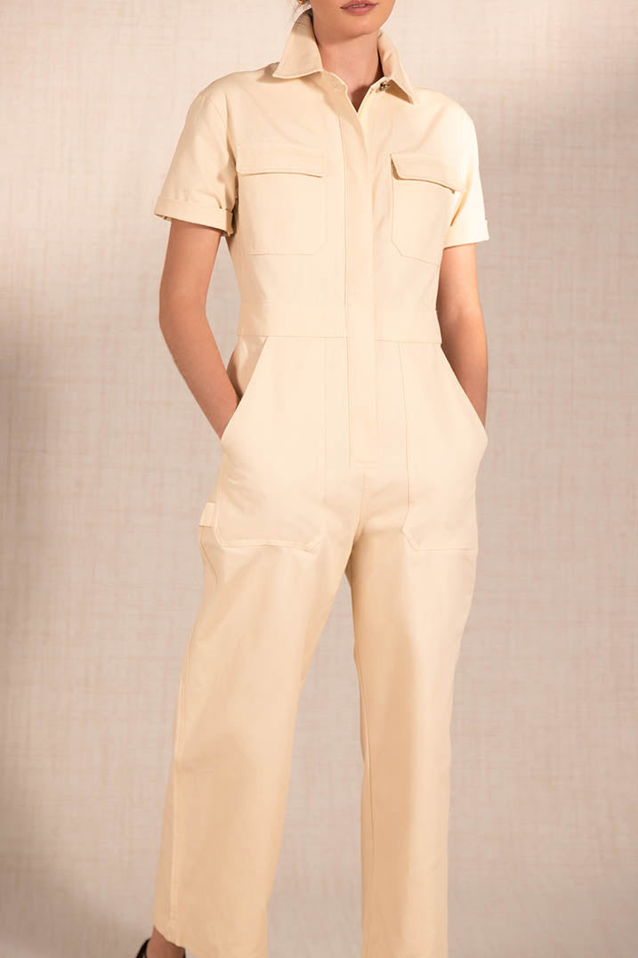 Beige Structured Cotton Denim Jumpsuit
