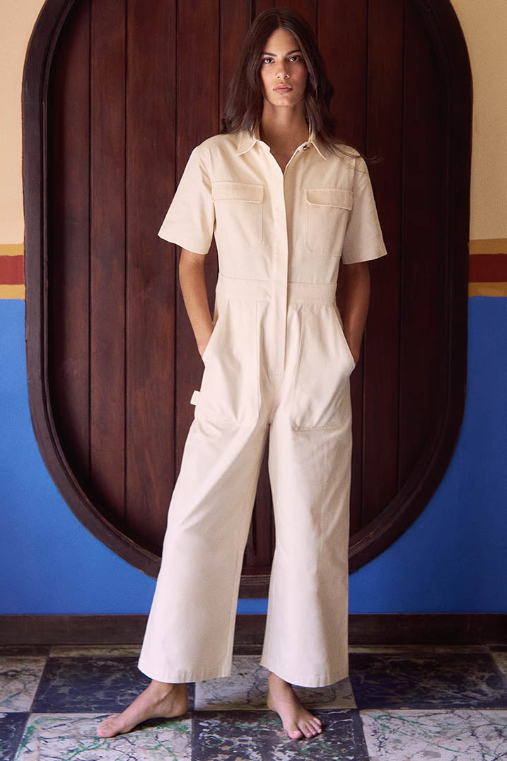BEIGE STRUCTURED COTTON DENIM JUMPSUIT