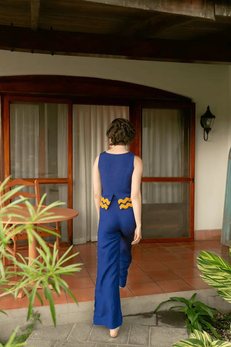 Cobalt & Mustard Trim Blouse