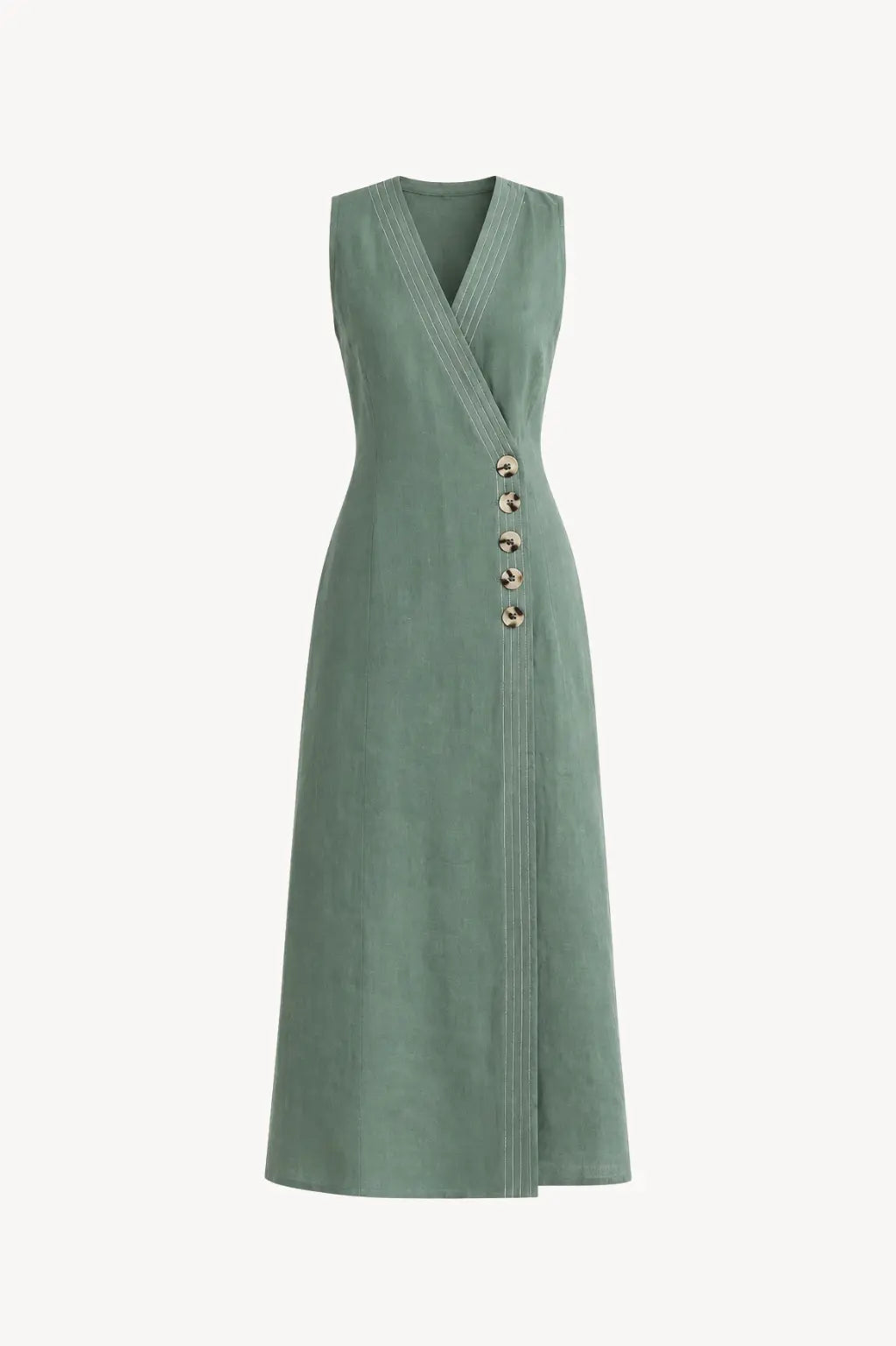 V-NECK LINEN MIDI DRESS | Sage