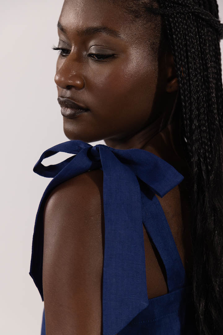 Tie Linen Blouse Navy