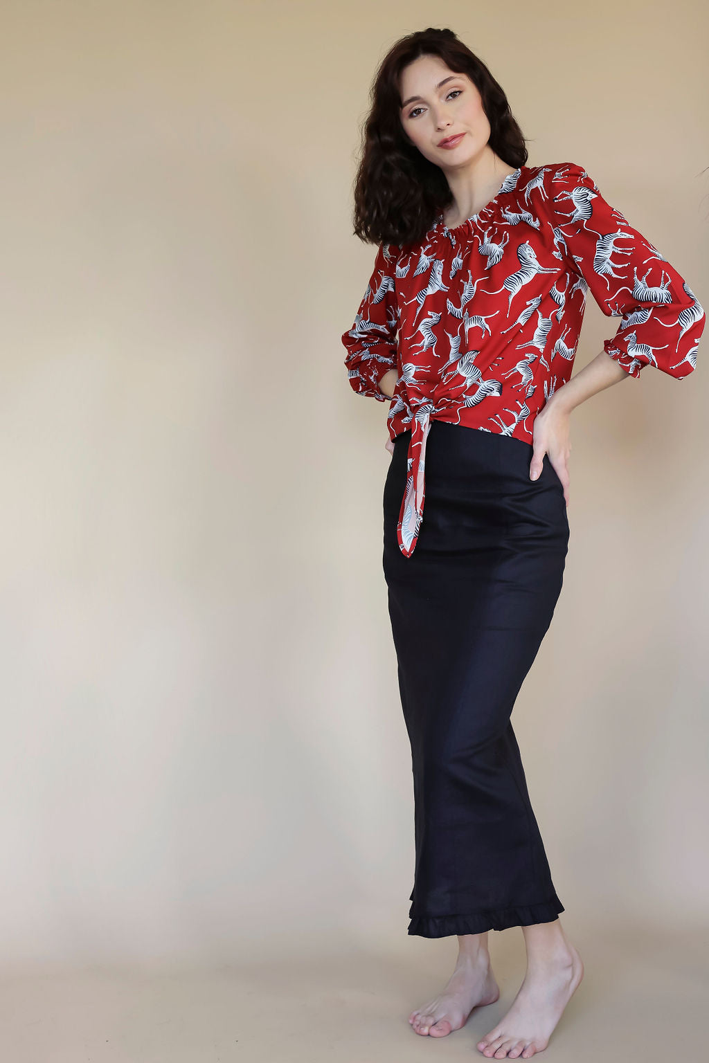 Zebra Long Sleeve Tie Blouse