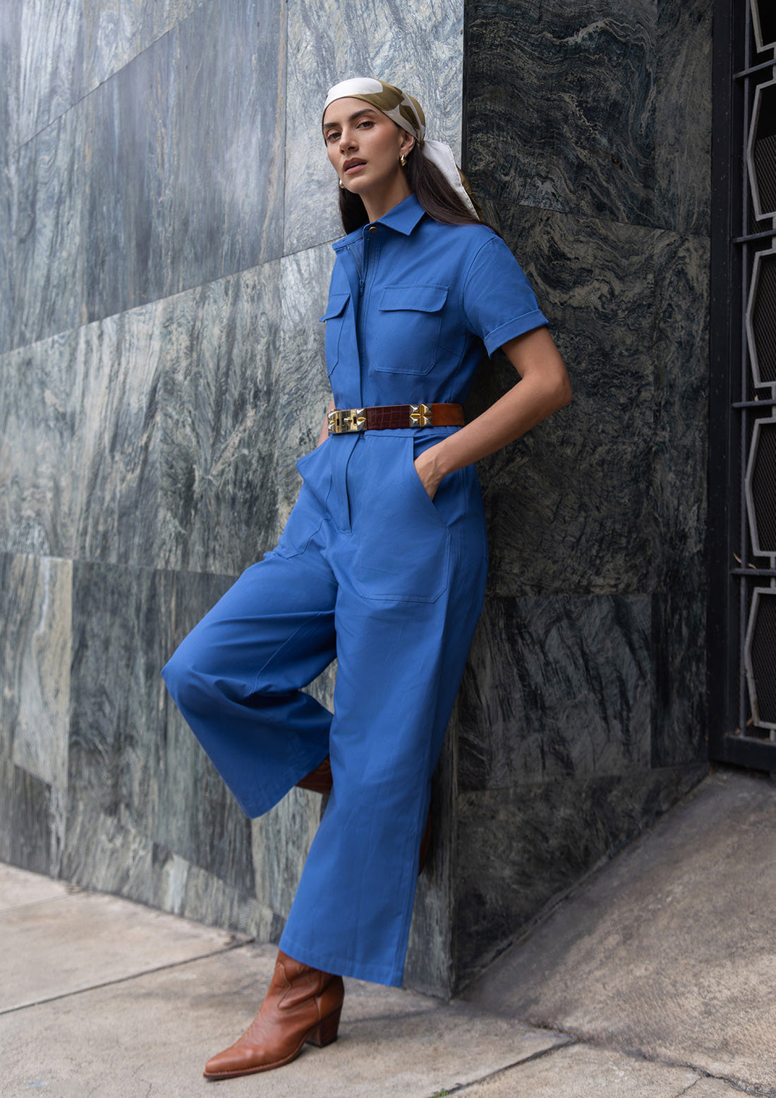 Nerea model in Blue Jumpsuit Eterna Collection
