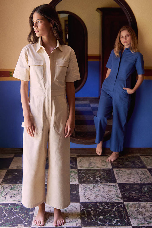 BEIGE STRUCTURED COTTON DENIM JUMPSUIT