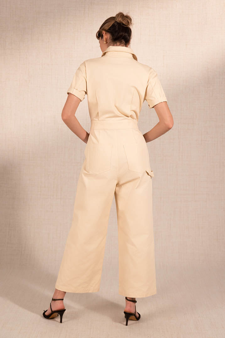 Beige Structured Cotton Denim Jumpsuit