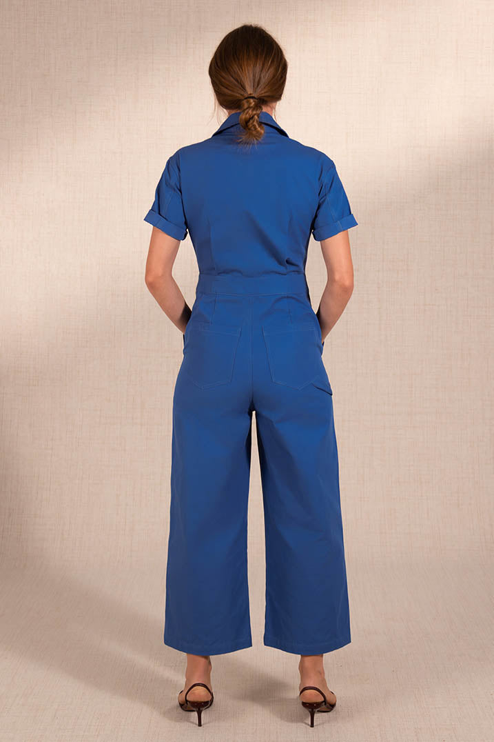 Deep Blue Structured Cotton Denim Jumpsuit
