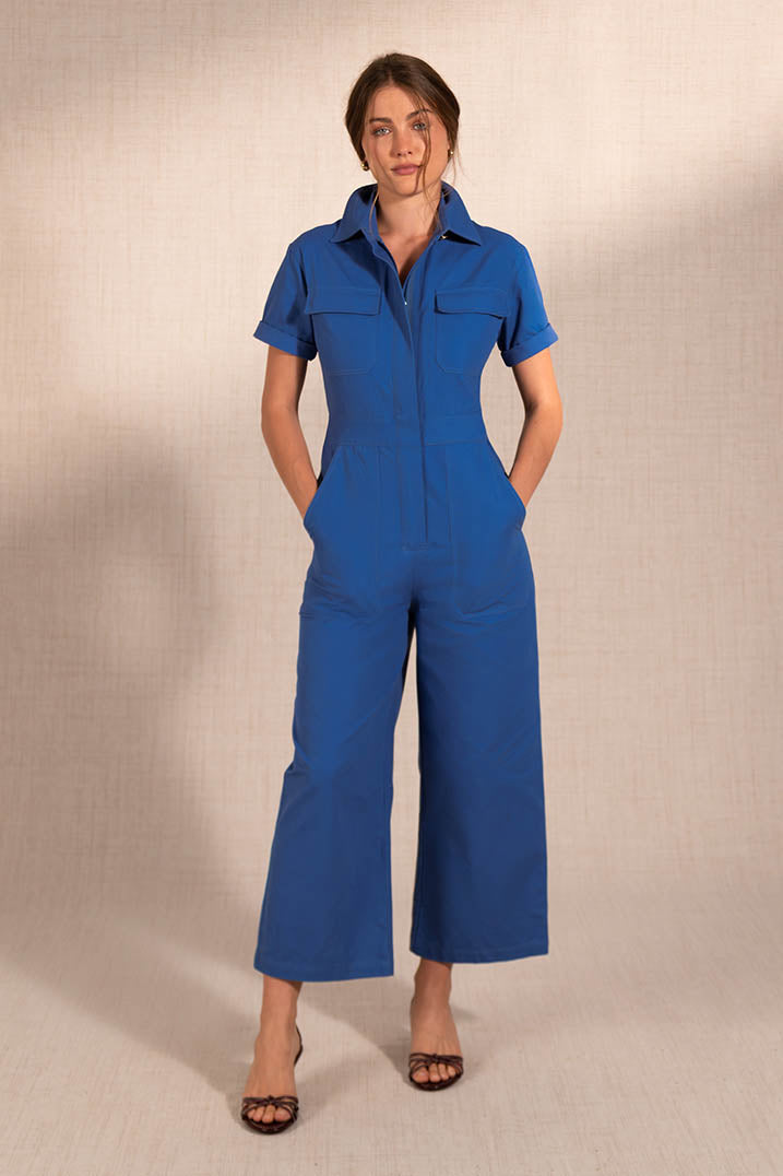 Deep Blue Structured Cotton Denim Jumpsuit