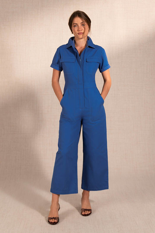 Deep Blue Structured Cotton Denim Jumpsuit