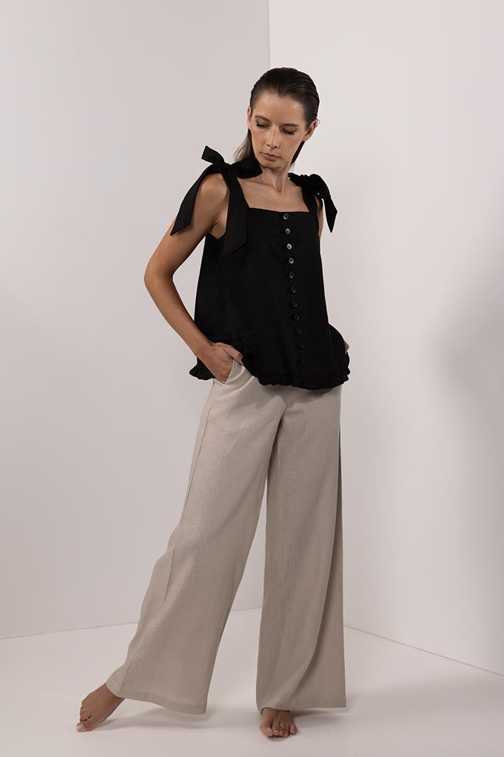 TIE LINEN BLOUSE | BLACK