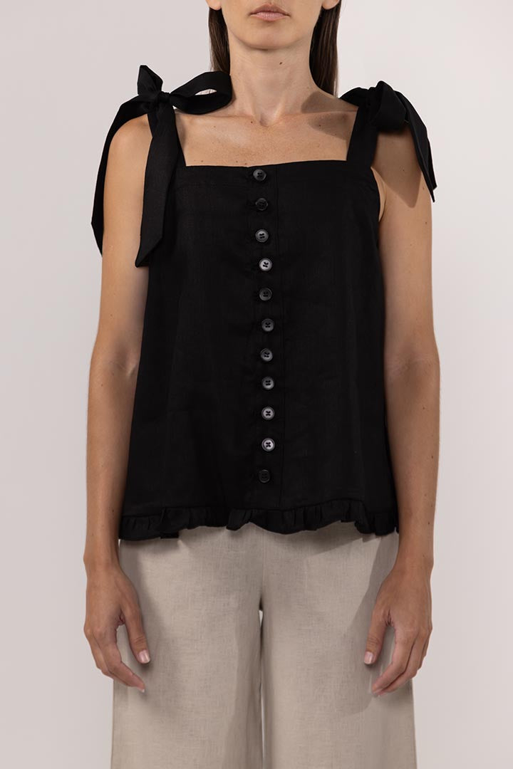 TIE LINEN BLOUSE | BLACK