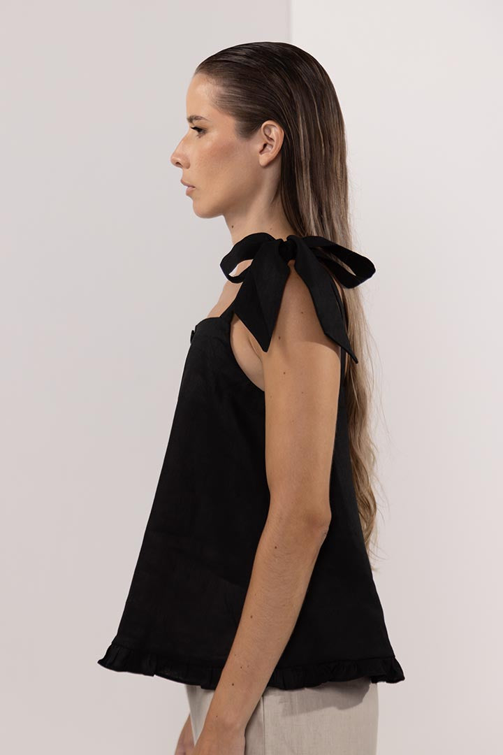 TIE LINEN BLOUSE | BLACK