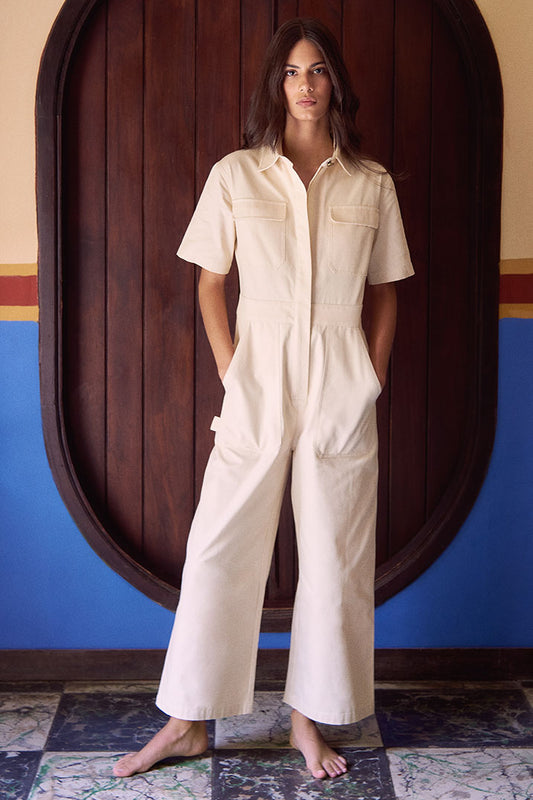 Beige Structured Cotton Denim Jumpsuit