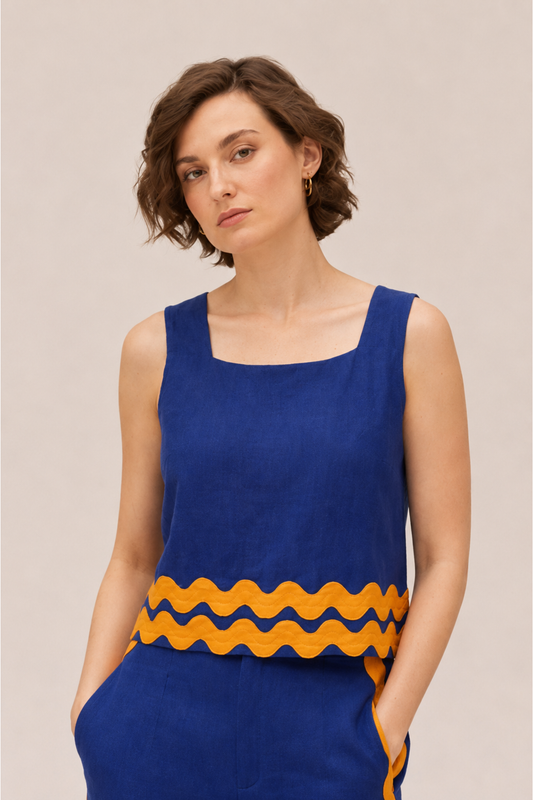 COBALT & MUSTARD TRIM BLOUSE
