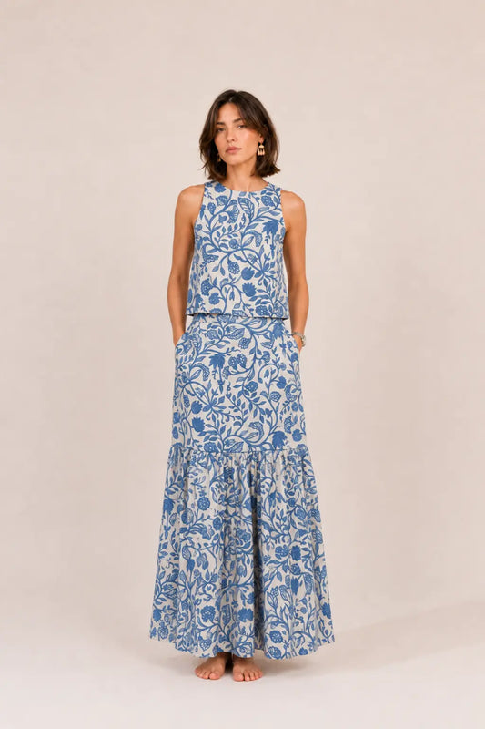 BLUE BOTANICAL MAXI SKIRT
