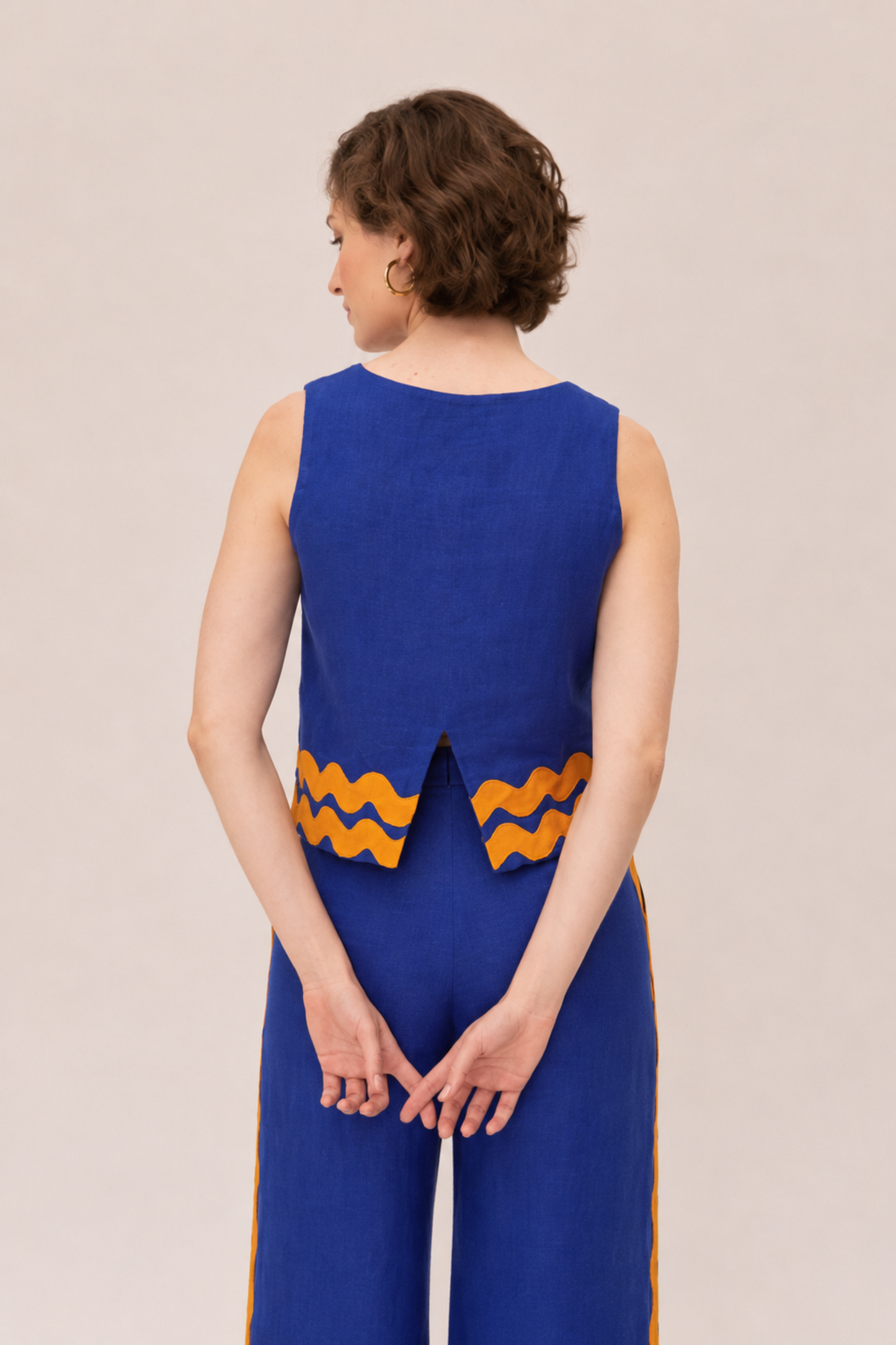 COBALT & MUSTARD TRIM BLOUSE