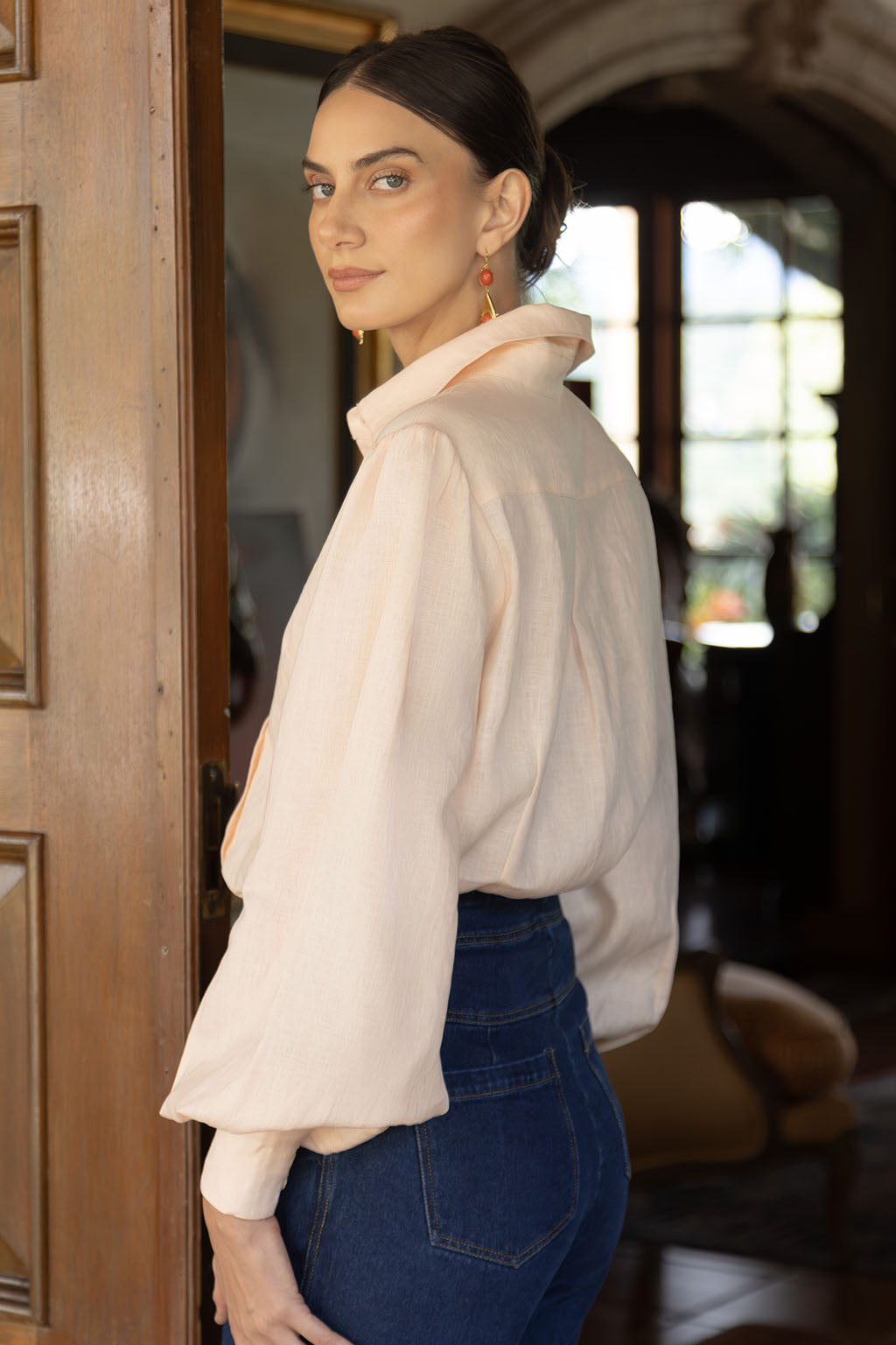 Blush Linen Cuff Blouse