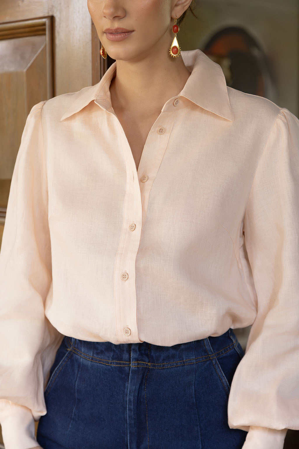 Blush Linen Cuff Blouse
