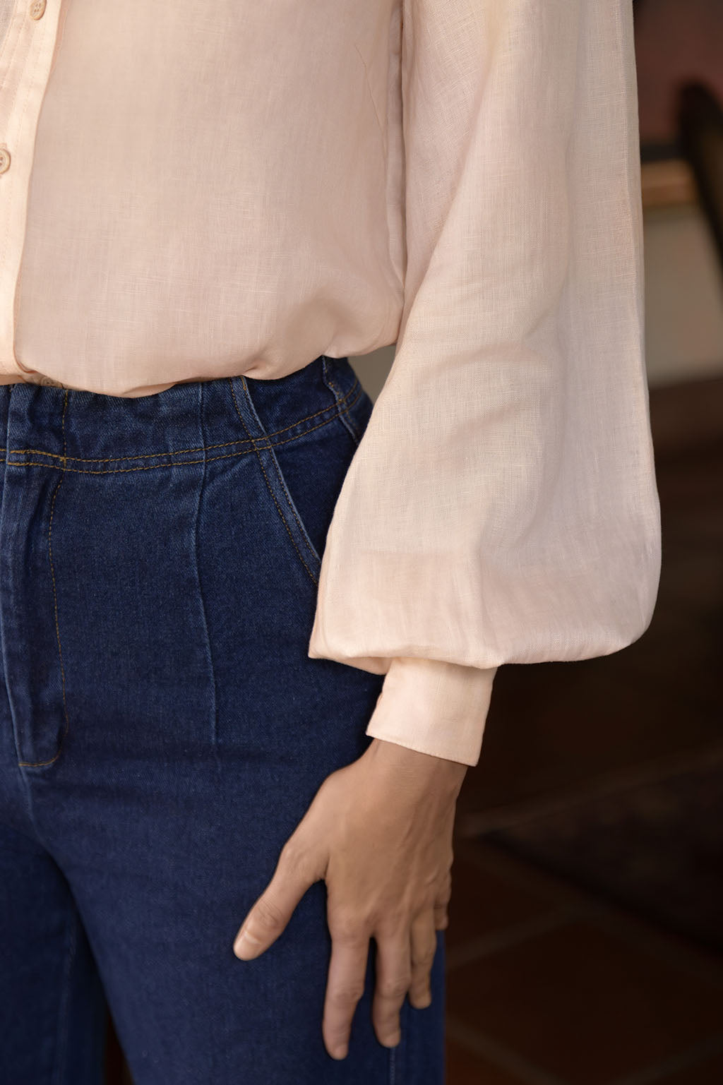 Blush Linen Cuff Blouse
