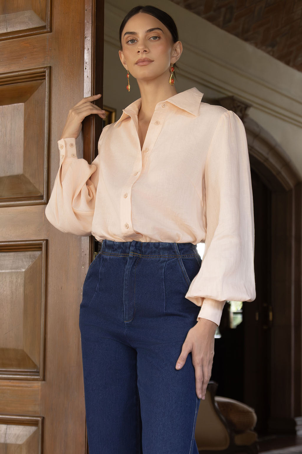 Blush Linen Cuff Blouse