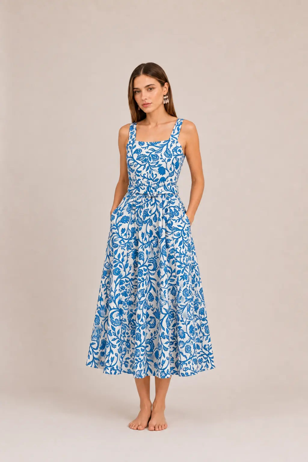 BLUE BOTANICAL POPLIN DRESS