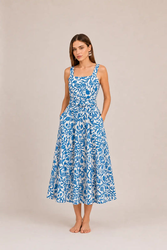 BLUE BOTANICAL POPLIN DRESS