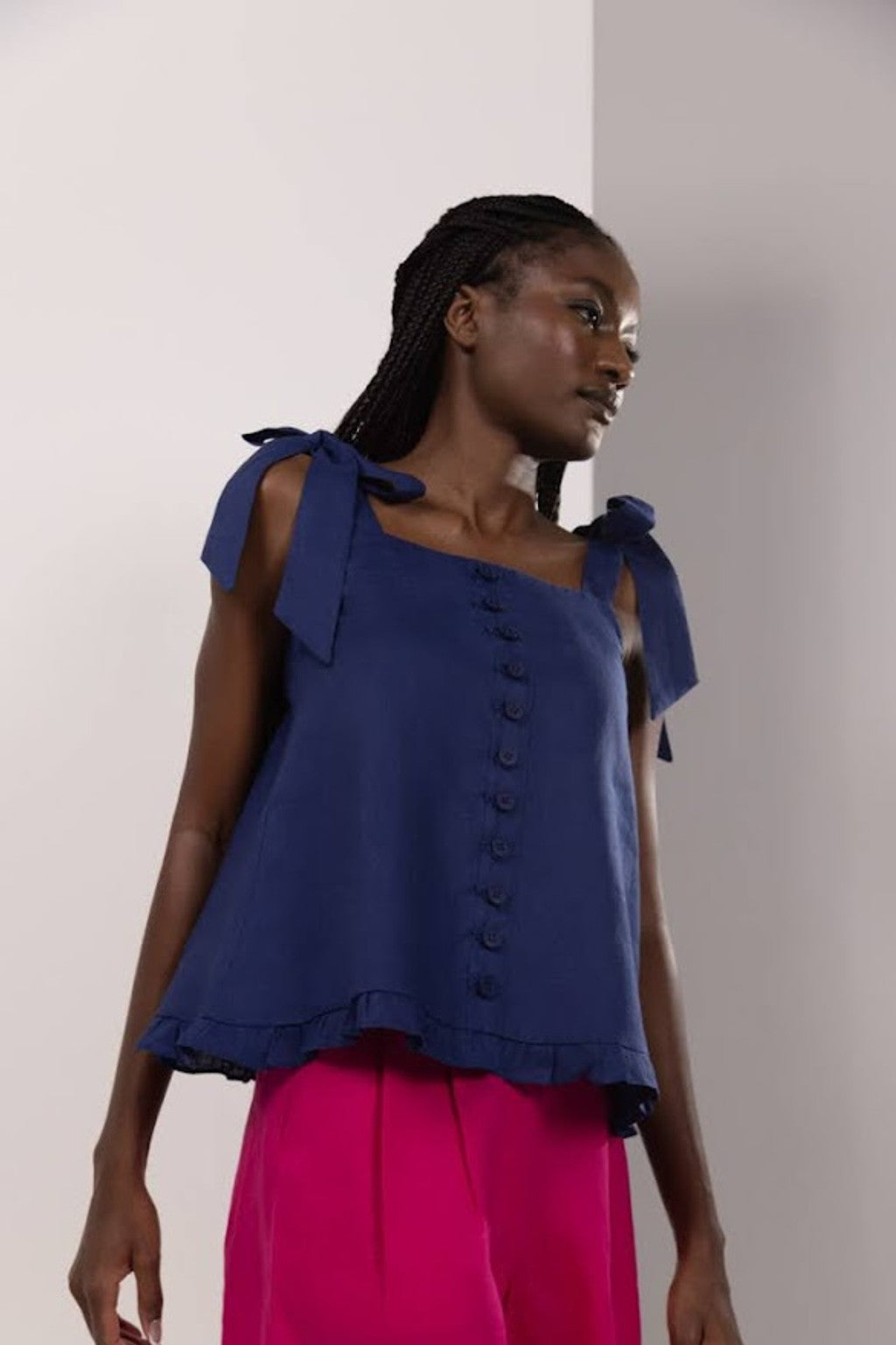 TIE SHOULDER LINEN BLOUSE | NAVY BLUE