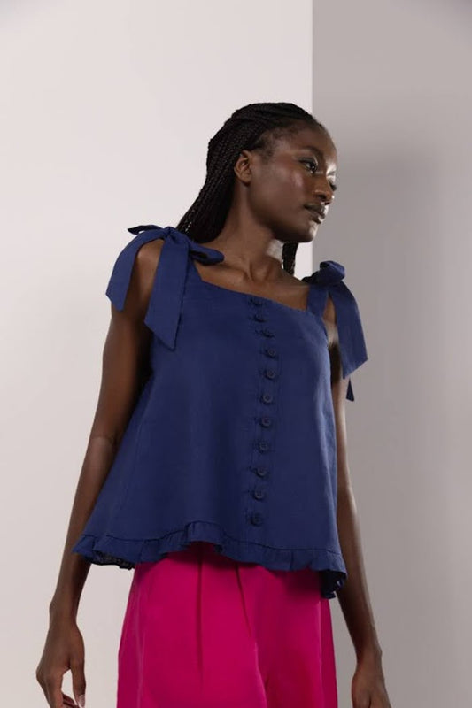 TIE SHOULDER LINEN BLOUSE | NAVY BLUE