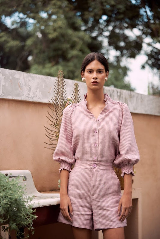 LINEN PINK STRIPED SHORTS - NEREA
