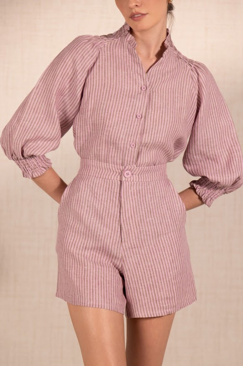 LINEN PINK STRIPED SHORTS - NEREA