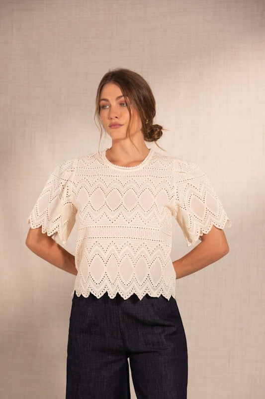 COTTON EYELET SCALLOP BLOUSE