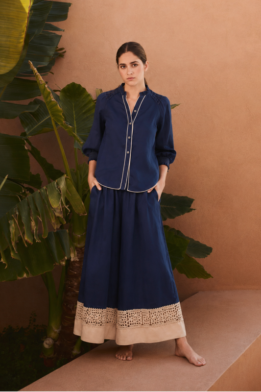 FEDE NAVY TRIMMED PANTS