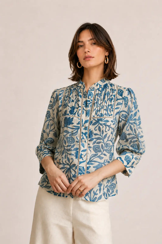 BLUE BOTANICAL RAMIE BLOUSE