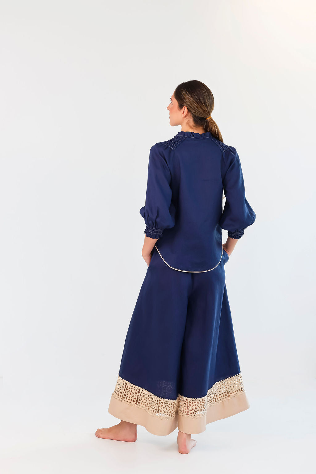 FEDE NAVY TRIMMED PANTS