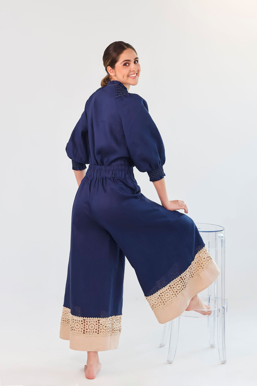 FEDE NAVY TRIMMED PANTS
