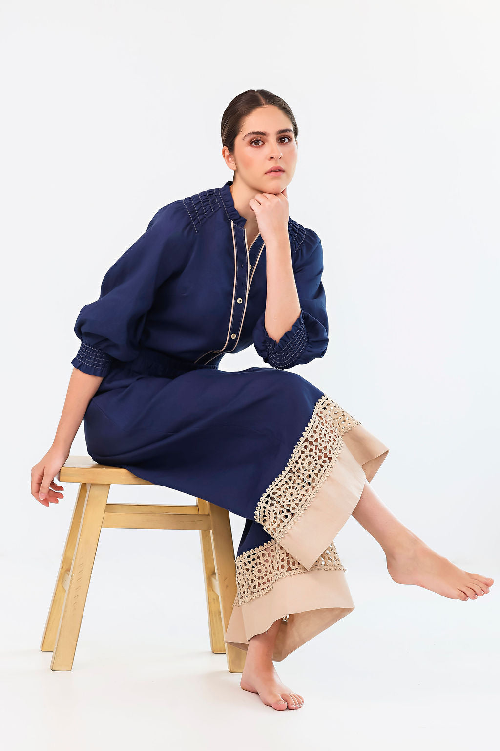 FEDE NAVY TRIMMED PANTS