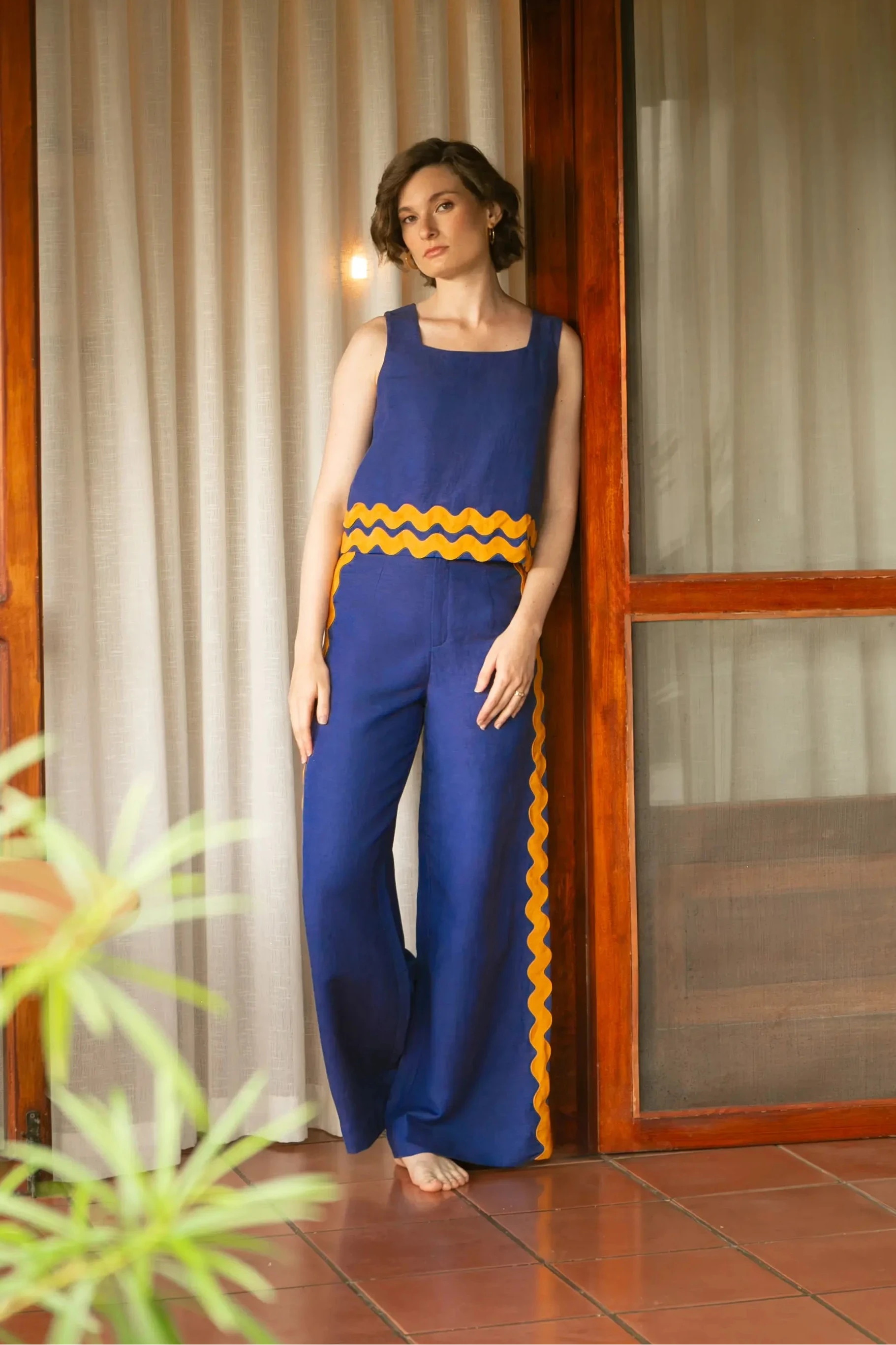 COBALT & MUSTARD TRIM BLOUSE
