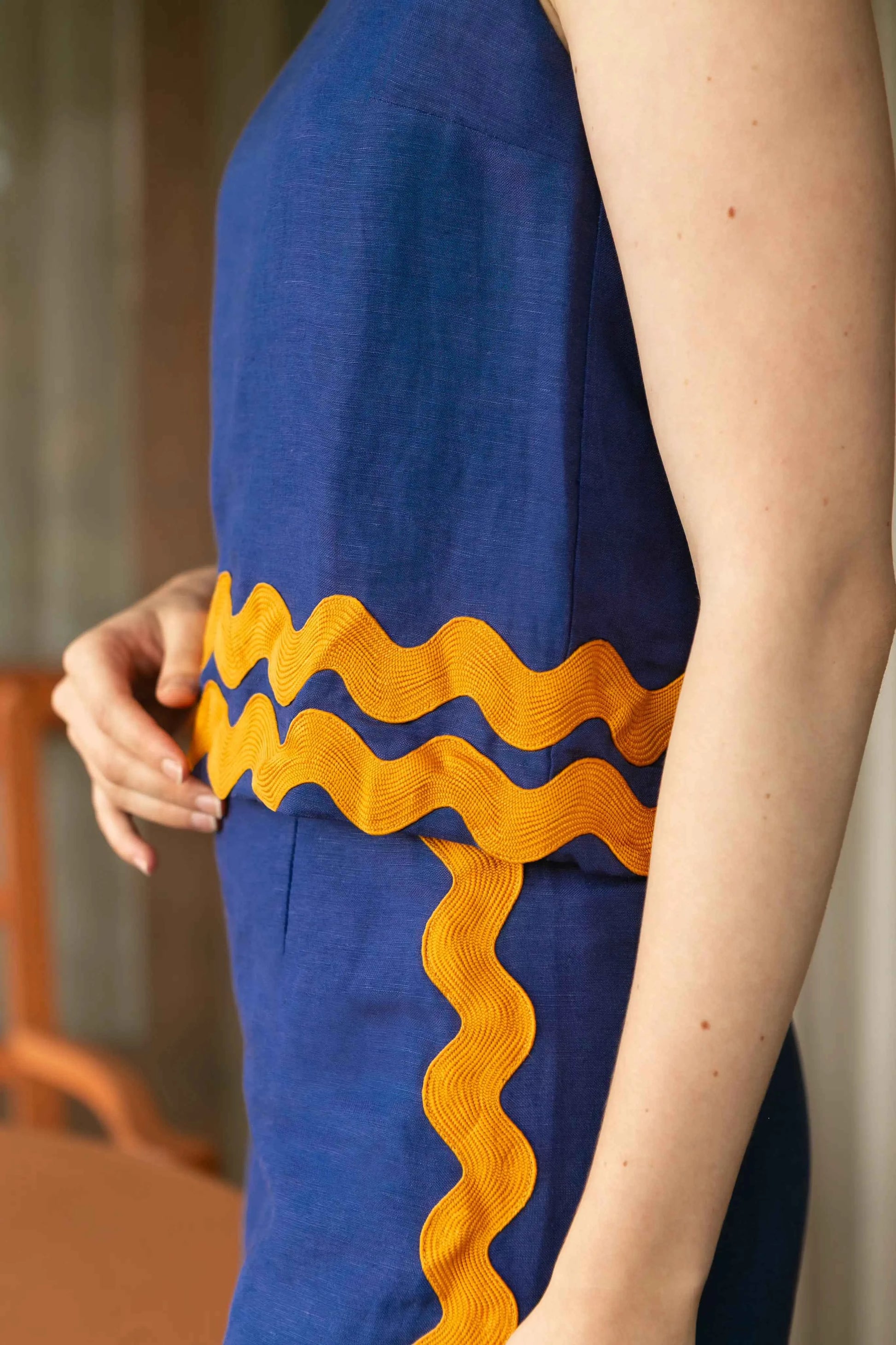 COBALT & MUSTARD TRIM BLOUSE