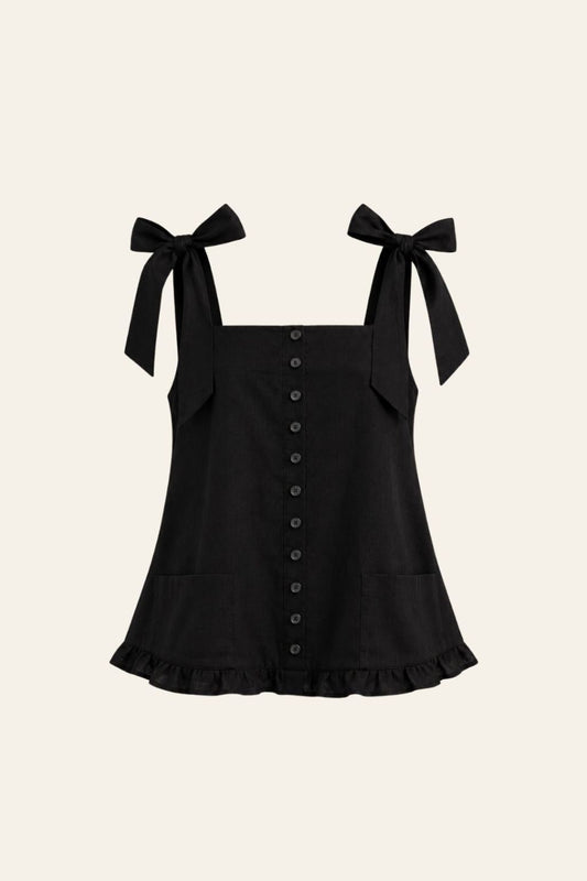 TIE LINEN BLOUSE | BLACK