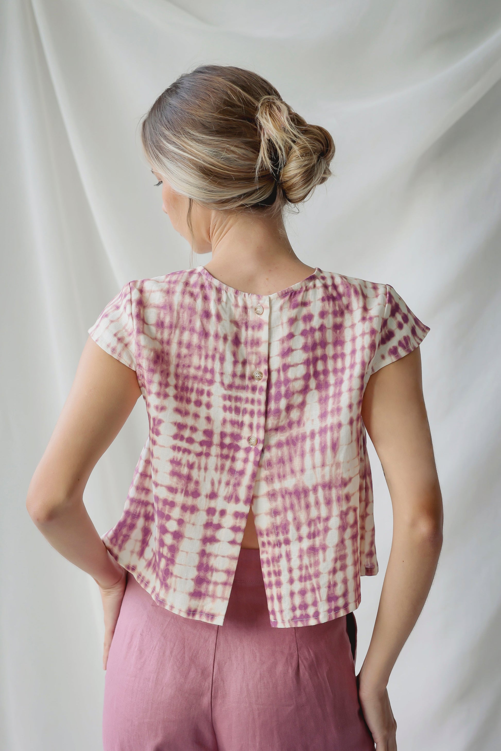 Cap Sleeve Blouse Pink Tie-dye