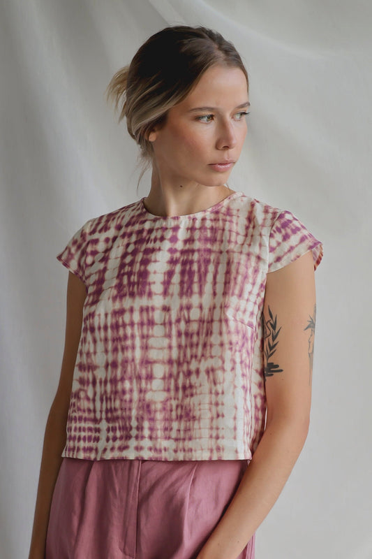 Cap Sleeve Blouse Pink Tie-dye