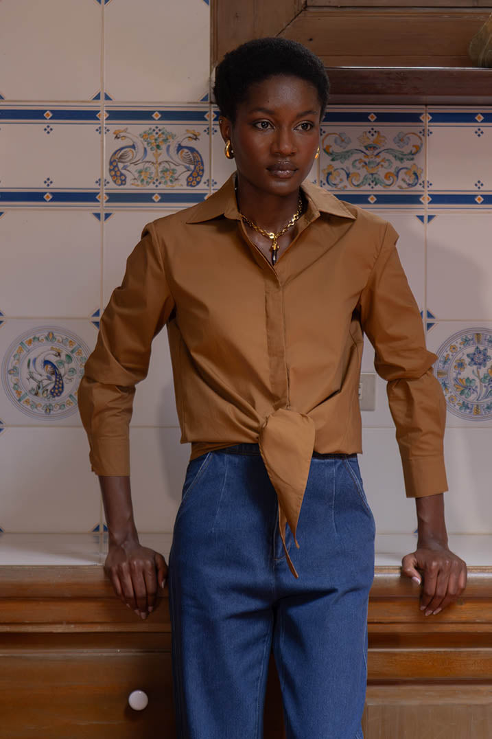 Caramel Tie Poplin Blouse