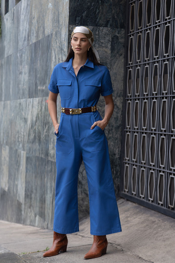 Deep Blue Structured Cotton Denim Jumpsuit