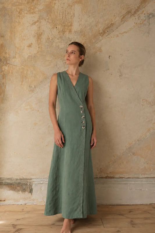 V-NECK LINEN MIDI DRESS | Sage