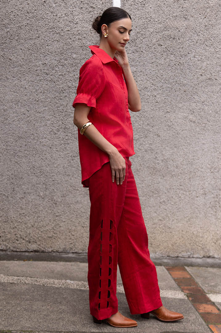 Red Puff Sleeve Linen Blouse