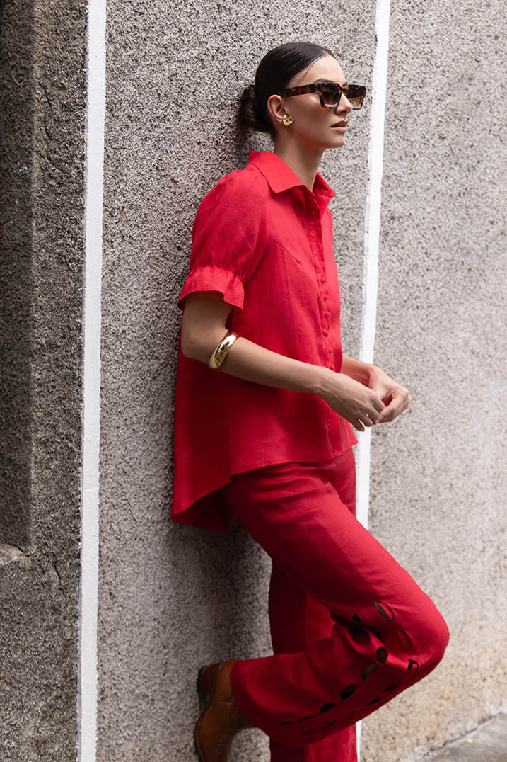 Red Puff Sleeve Linen Blouse