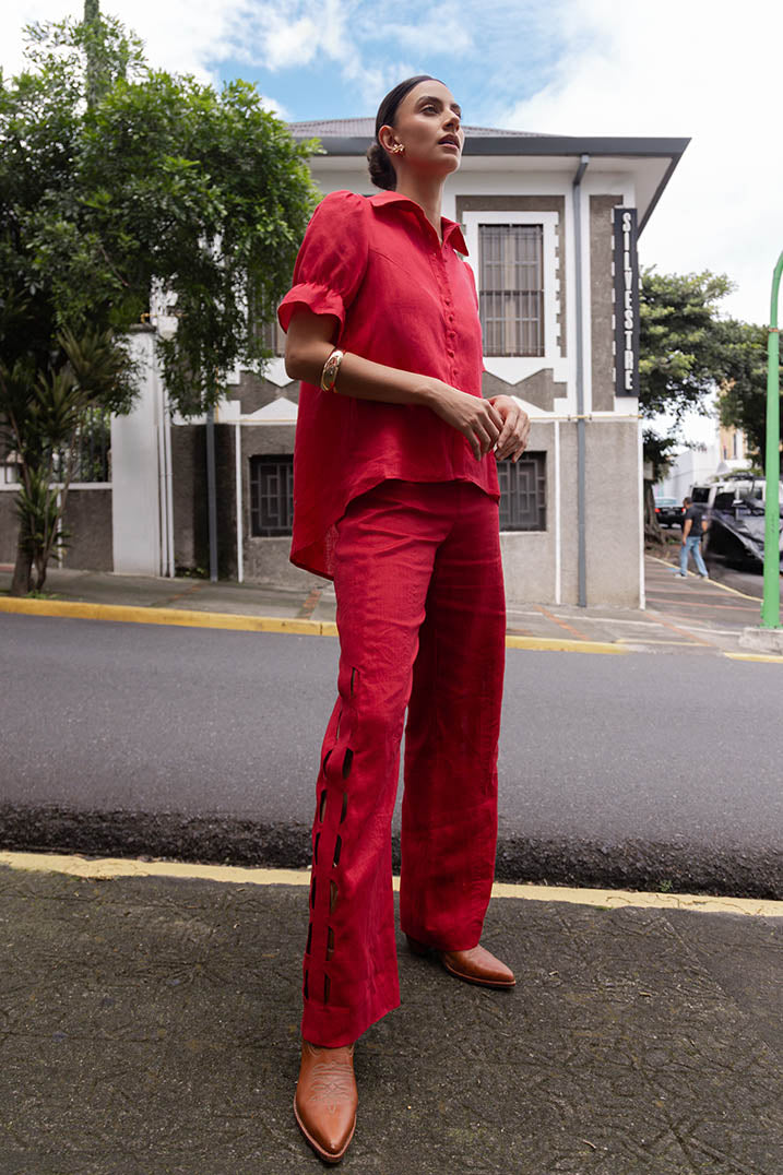 Red Puff Sleeve Linen Blouse