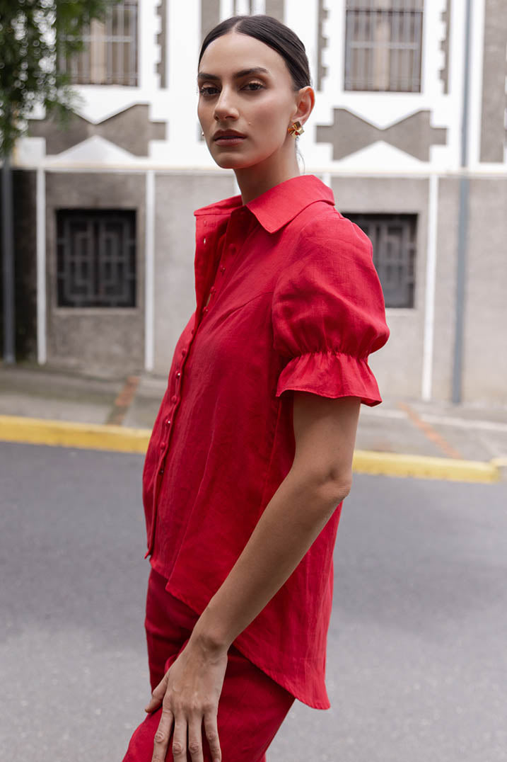 Red Puff Sleeve Linen Blouse