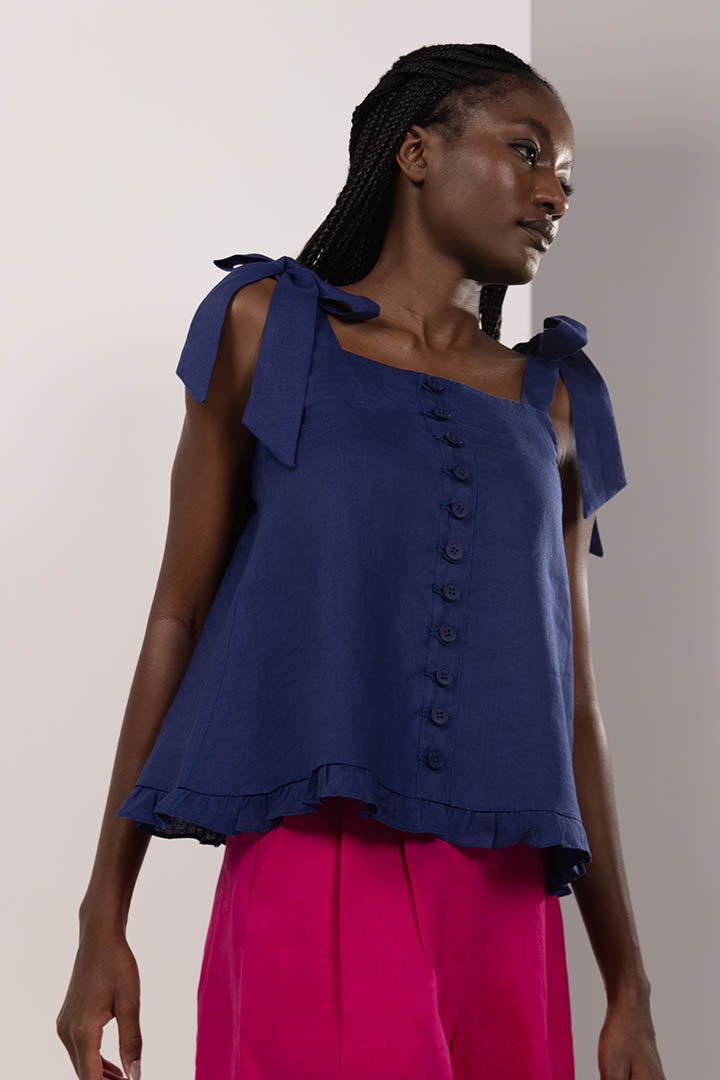 Tie Linen Blouse Navy