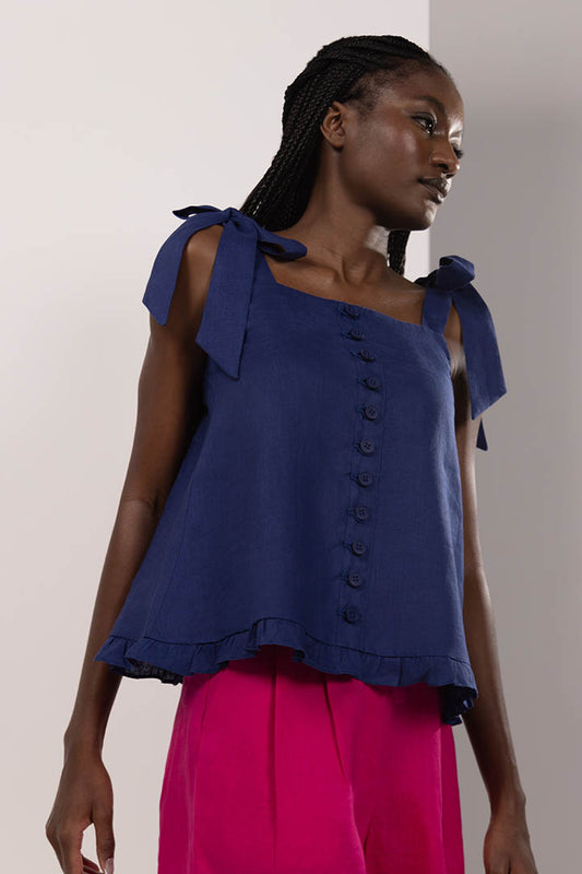 Tie Linen Blouse Navy