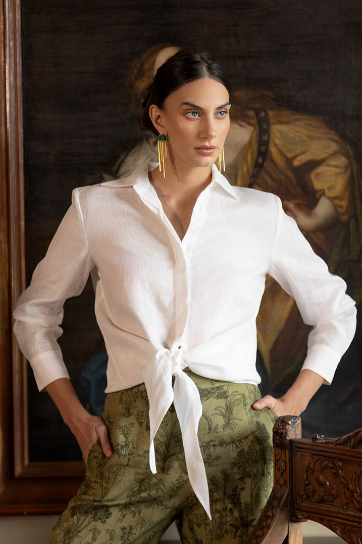 White Linen Tie Blouse